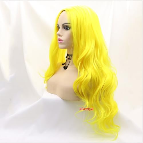 Xiweiya Ombre Yellow Wavy Synthetic Wigs Middle Part Long Wavy Yellow Wig Heat Resistant Fiber Half Hand Tied Wig For Women 24inch - Image 3