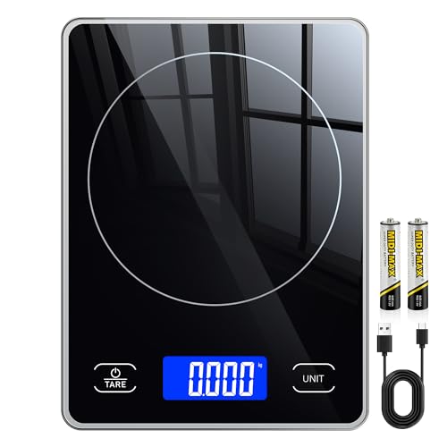 Küchenwaage Digital mit 15 kg Tragkraft, 5 Einheiten in g/ml/fl\'oz, Präzise Waage Küche mit Großem Display, Dual Power (USB-C/Batterie), 1g Hochpräzise, Tara, Sicherheitsglas für Backen, Kochen