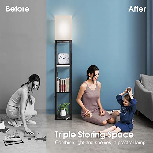 Saridi Floor Lamp With Shelves Modern Solid Wood Standing Lamp Clearance With Lamp Shade And Adjustable 3 Colors Led Bulb, Display Storage Shelf Floor Lamps For Living Room, Bedroom, Study Room #TOP5