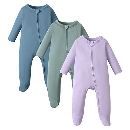 Image of OPAWO Newborn Footie Pajamas with Mitten Cuffs Double Zipper Sleepers Baby Boy Girl Onesie Footed One-Piece Romper 0-6 Months