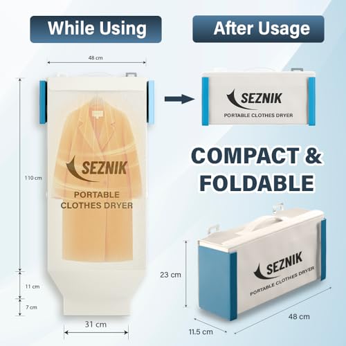 Image of SEZNIK Portable Clothes Dryer, Compact Electric, UV Sterilizer, Wrinkle Remover with PTC Heating & Timer | Foldable, Hangable Dryer | Quick Drying for Home and Travel Use (SZ-CD07)