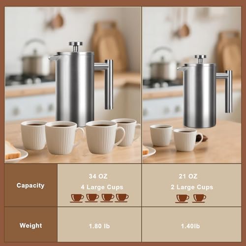 French Press 34 oz, Full Stainless Steel French Press Coffee Maker 4 Cups - 5