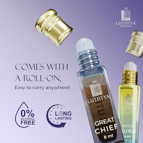 Image of Non-Alcoholic Attar Roll-On Perfume Oil (Pack of 2, 8ml Each) | Great Chief & Mist Aura | Long Lasting Floral Fragrance with Cardamom, Patchouli, Vanilla, Lavender & Jasmine | For Men & Women