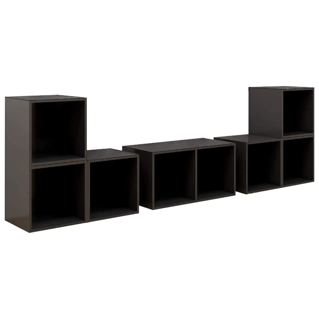 6-TLG. TV-Schrank-Set Hochglanz-Grau, Holzwerkstoff Lowboard für Wohnzimmer, modernes Media-Center mit viel Stauraum, vielseitig aufstellbar