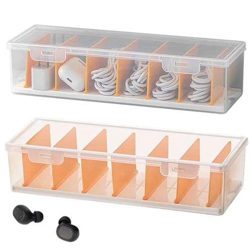 Paquete de 2 organizadores de cables de datos, caja de plástico transparente, caja organizadora de cables, 7 separadores extraíbles, organizador de cables que se pueden personalizar