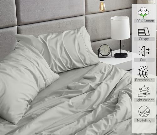 Image of RUVANTI 100% Cotton Percale Sheets Queen Size - Crisp Cooling Bed Sheets for Hot Sleepers, Deep Pocket 16 inch, Soft Breathable & Durable Hotel-Style 4 Piece Set, Silver