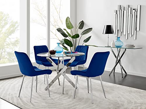 Furniturebox UK Novara 100cm Round Dining Table and 4 Navy Pesaro Silver Leg Chairs