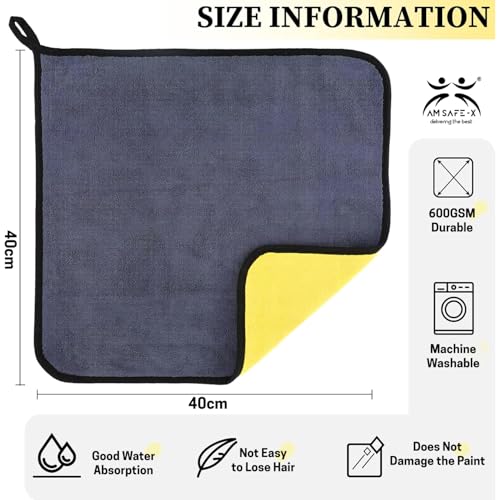 Image of AM Safe-X Microfiber Cloth for Car 600 GSM 40x40 cms 1 Pcs Yellow & Grey Twisted Loop Super Absorbent Towel, Edgeless Design with Plush Pile & Lint Free Cloth for Drying & Detailing