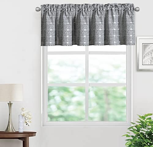 Shunjie.Home Embroidered Plaid Valances for Kitchen 52″ x 18″, 1 Pack Checkered Valances for Window Treatment Decor Cafe Bedroom (Dark Grey)