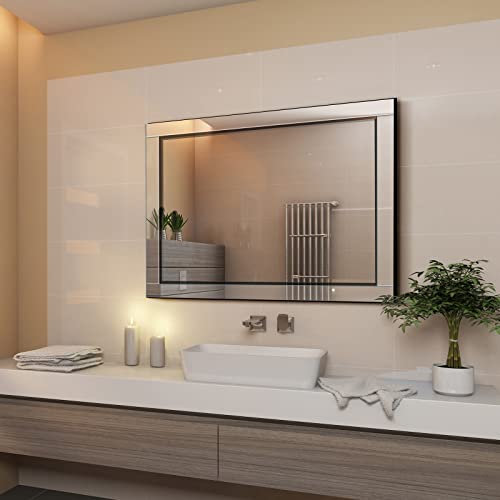 Image of Syndra 24x 32 Rectangular Mirror for Bathroom, Bathroom Mirrors for Over Sink, Wall Mounted Vanity Mirror with Tempered Glass, Rust-Resistant Solid Wood Frame for Bathroom, Bedroom, Living Room