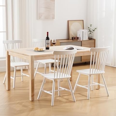 LZAREAL Farmhouse Dining Chairs Set of 4 Wooden Kitchen Chairs Mid Century Modern Spindle Chair French Country Windsor Dining Chairs for Dinning Room Kitchen Restaurant Library Bar Canteen, White Cover