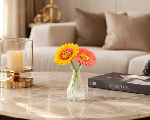 Image of Divyakosh Artificial Flower Vase | Glass Vase (1) with Gerbera Flowers (2) | Home Decoration Items for Living Room | Aesthetic Home Decor, Vase for Home decor'