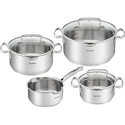 Cazuela Tefal Titanium Pro Tefal Duetto – Set 7 piezas: 3 Ollas cocina 16/20/24 cm, 1 Cazo 16 cm, 3 tapas, acero inoxidable, 3 tapas cristal, marcas medición, todo tipo cocinas, apto horno y lavavajillas