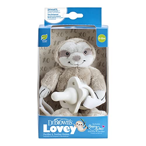 Image of Dr. Brown's Baby Lovey Pacifier and Teether Holder, Sloth with Gray HappyPaci, 100% Silicone, 0-6m