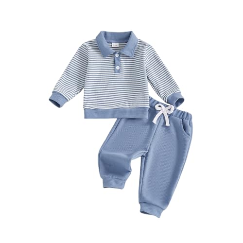 MAHUAOYIXI Toddler Boys Outfits Stripe Print Long Sleeve Lapel Neck Sweatshirt T Shirt Button Tops Pullover and Solid Color Pants 2Pcs Gentleman Set Baby Boy Tracksuit 2-3 Years (Blue, 18-24 Months)