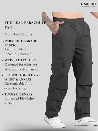 Image of Men's Water-Resistant Parachute Pants | Mens Bottom Wear | Cargo Pants for Men | Korean Pants for Man | Baggy Trackpants | Lightweight Multi-Pocket Utility Fit - Freedom to Move & All-Day Comfort