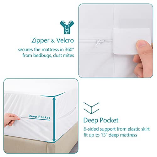 Full Waterproof Zippered Mattress Encasement, Breathable, Noiseless, Machine-Washable Zipped Mattress Cover, Fitting 7\" - 13\" Deep Mattress