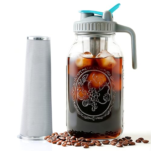 Image of Mason Jar Cold Brew Coffee Maker 64 OZ ( 2 Quart ) Wide Mouth Cold Brew Pitcher With Brew Filter For Coffee, Iced Tea, Sun Tea, Lemonade