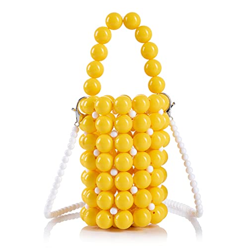 Abvokury YUSHINY Acrylic Beaded Bucket Macaron Color Handbag Evening Bags with White Strap Chain (Yellow)