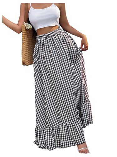 GORGLITTER Women's Gingham Ruffle Maxi Skirt High Waisted Plaid Y2K Boho Renaissance Flowy Long Skirts