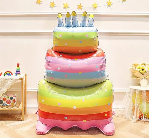 Image of 60 Inch Rainbow Birthday Cake Foil Balloons,Giant 3 Tier Cake Self-Standing Balloon for Girls Boys Kids Birthday Party Supplies,Baby Shower Party Centerpiece Decorations