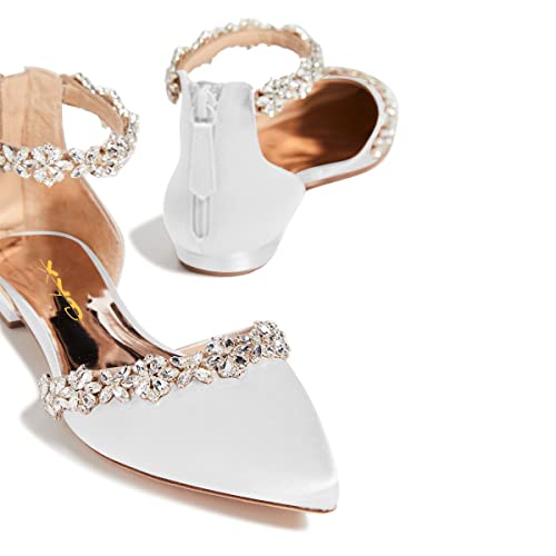 Xyd Women Classic Pointed Toe D'orsay Wedding Flat Sandals Sparkly Rhinestones Ankle Strap Low Heel Dress Shoes With Zipper Size 8.5 White #TOP3