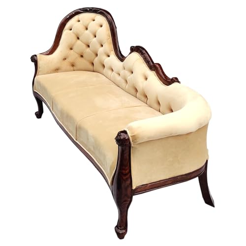 Image of Victorian Style Chaise Lounge, Tufted Cream Upholstery, Mahogany Wood Frame, Classic Living Room Furniture (diwan Seater of 3)