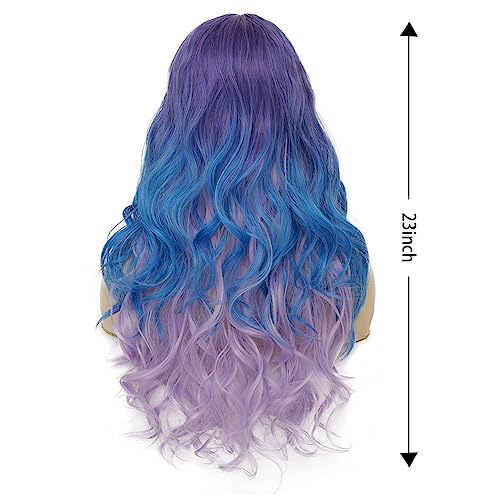 Image of Swiking Purple Long Curly Ombre Wigs for Women Purple Mixed Blue Wavy Synthetic Hair Colorful Cosplay Halloween Costume Wigs