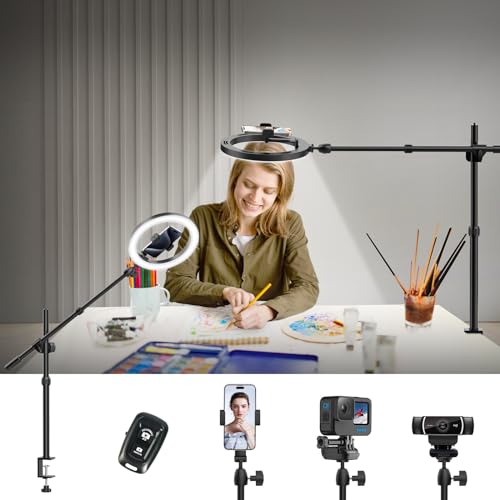 Image of Ring Light for Desk with Overhead Phone Mount and Phone Holder - CRI >95 - Ring Light with Stand for Video Recording, Adjustable Desk Tripod with Ringlight for Artist /Painting /Content Creator /DIY