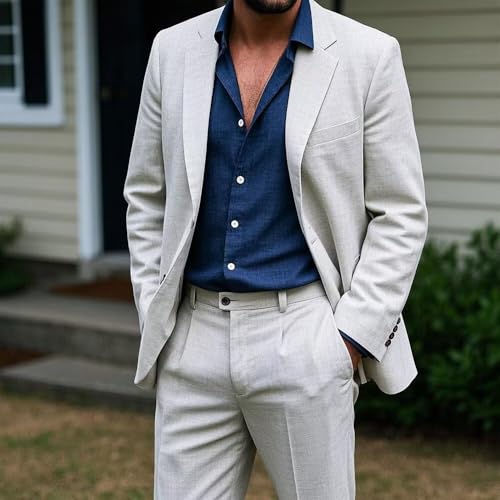 Men 2 Pieces Summer Suit Set Linen Fabric Slim Fit Casual Formal Notched Lapel Wedding Outfit Groomsmen2