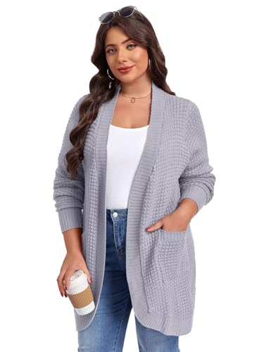 Image of LARACE Long Cardigans for Women Plus Size Tops Open Front Sweaters with Pockets Waffle Ribbed Sleeve Loose Fall Outwear