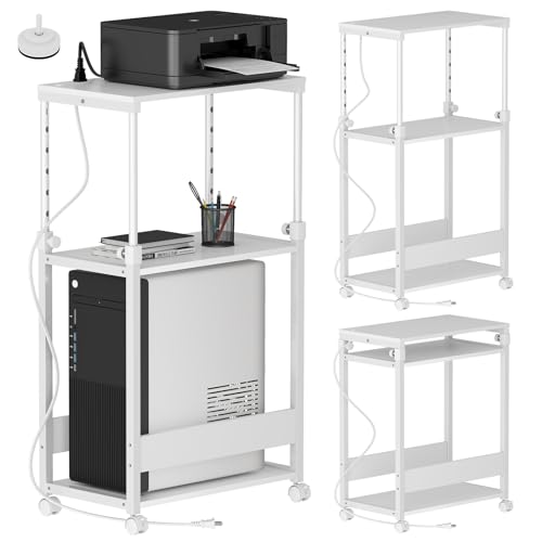 LunarLight デスクサイドワゴン 幅60奥行35高さ75~107cm 昇降式 コンセント付き パソコンワゴン PCラック サイドテーブル 収納ワゴン デスクワゴン 収納ラック コンセント付き ストッパキャスター付き移動式とアジャスター付き固定式2機