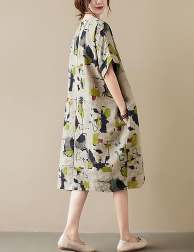 Image of LUZU JUNU Women's Summer Baggy Plus Size Loose Cotton Linen Long Boho Beach Dress with Pockets