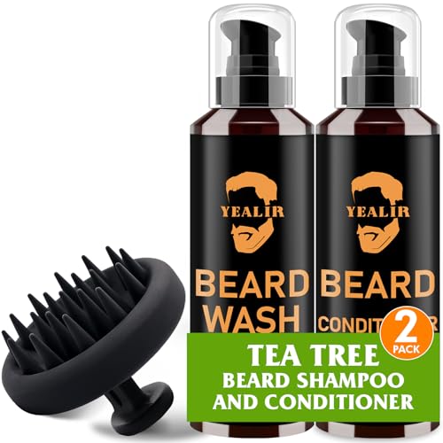 Beard Wash, Beard Conditioner w/Tea Tree Oils, Reduces Beard Dandruff & Relieves Itching, Strengthens, Softens and Nourishes Dry & Coarse Beards - Beard Shampoo w/Beard Brush 2 x 4 Fl Oz