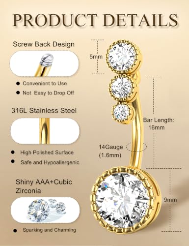 Image of FIASASO 9 Pcs Belly Button Ring - Surgical Stainless Steel CZ Belly Rings Clicker Belly Piercings for Women Navel Piercing Jewelry Pack