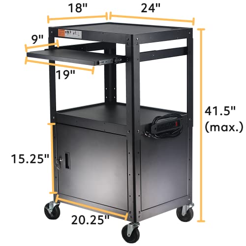 Steel Large Av Cart With Extra Storage - Adjustable Height Cart With Locking Cabinet, Pullout Tray, Power Strip, And Cord Management - Holds 300 Lbs And Easy To Assemble (24'' X 18'' X 41.5'') #TOP4