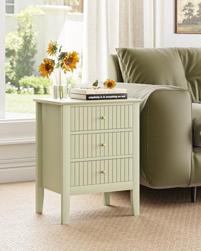 Image of Fluted Nightstand, Farmhouse Night Stand with 3 Drawers, Mid Century Modern Side Accent Table,Bedside End Table for Bedroom, Living Room, Pale Green