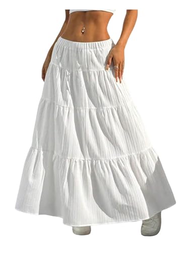 Verdusa Women's Boho Tiered Ruffle Maxi Skirt Elastic Waist A Line Flowy Long Skirts