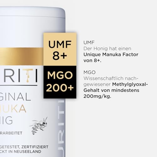 PURITI Manuka Honig MGO 200+ 250g aus Neuseeland mit zertifiziertem Methylglyoxal Gehalt - Laborgeprüft, Direktimport, reines Naturprodukt, frei von Zusatzstoffen