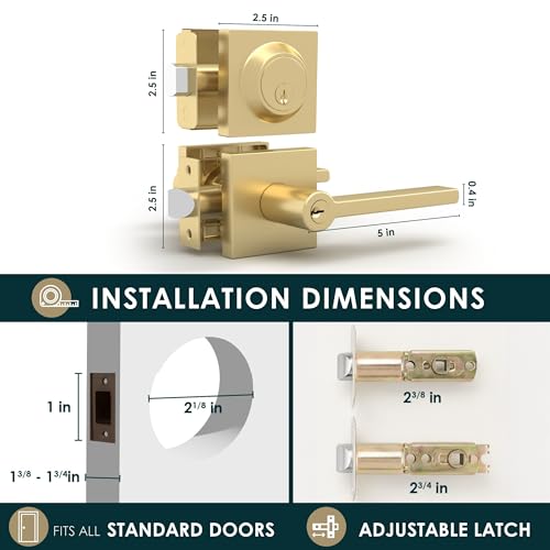 Image of Mega Handles Prime Entrance Combo, Entry Lever Door Handle and Single Cylinder Deadbolt Lock and Key Combo Pack, Heavy Duty Square Locking Door Levers Set for Left or Right-Handed Doors - Satin Brass