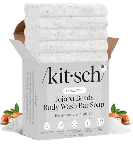 Image of Kitsch Jojoba Beads Exfoliating Body Wash Bar - Nourishing Bar Soap with Shea Butter & Aloe for Dry, Flaky Skin - Soap bar & Body Scrub for Smooth, Refreshed Skin - Rosemary & Cedarwood Scent - 4 oz