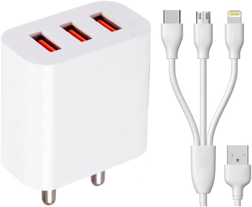 3 Port Mobile Charger for Tecno Pop 1s Charger Android Smartphone Wall Charger Hi Speed Charger with 1.2m 3-in-1 Multi Functional Micro USB Android iOS Type-C Cable - (White, 4.8Amp, STR-11)