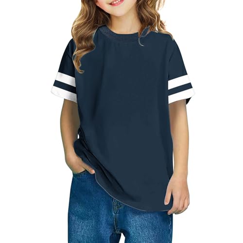 Kids Girls T Shirts Casual Striped Short Sleeve Crewneck Summer Tees 3-14 Years Cute Athletic Basic Blouse Loose Fit