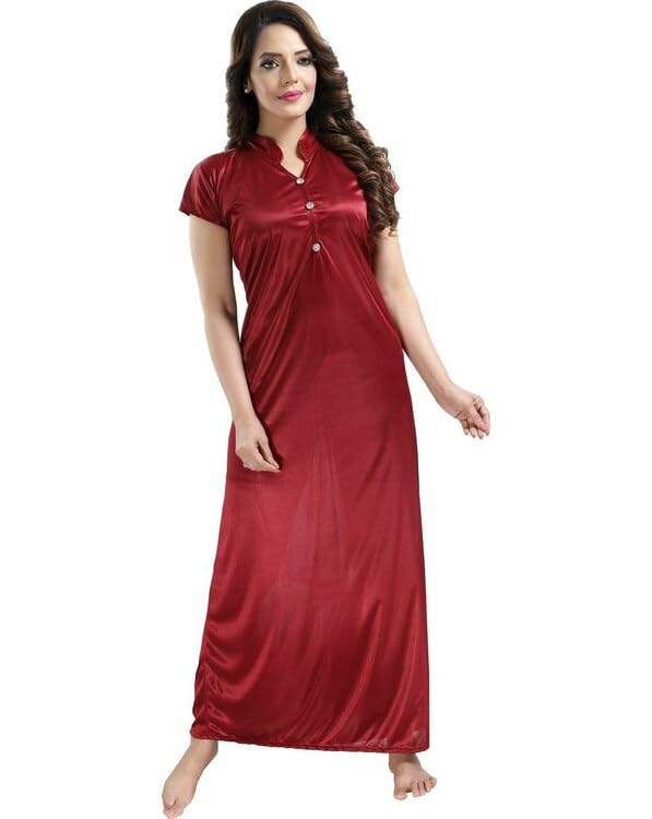 Women Maroon Solid Satin Nighty - Free Size | Free Size Nighties | Maroon Nighties | Satin Nighties | Night wear | Sleep wear-image-15