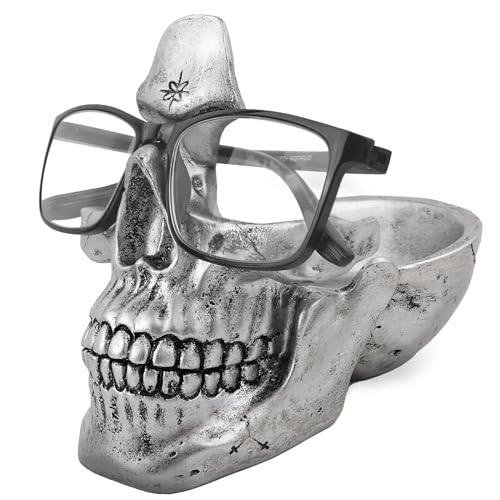 VIPbuy Porte-lunettes tête de mort, Porte-lunettes fantaisie avec plateau de rangement pour table de nuit, Sculpture tête de mort en résine, Décor de bureau pour la maison Cadeau (Argent)