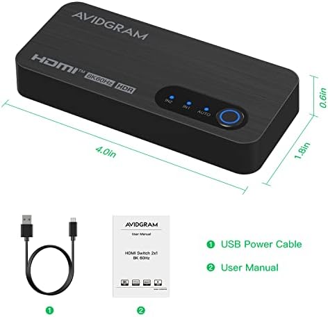 HDMI 2.1 Switch 8K, AVIDGRAM HDMI Switcher 2 in 1 Out, 2 Port 4K 120Hz Auto HDMI Selector Hub Support 8K@60Hz 48Gbps for Xbox Series X PS4 Pro PS5 Roku UHD TV Monitor Projector
