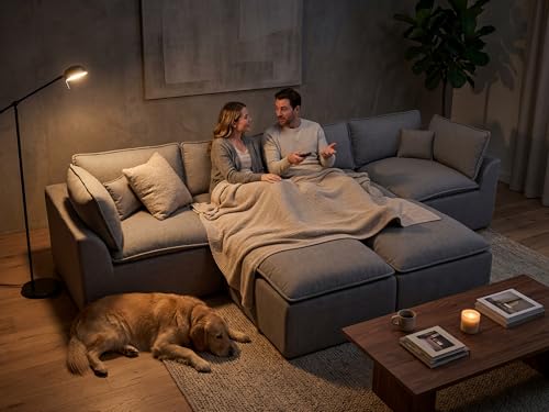 Image of 138 inch Oversized Modular Sectional Sofa, U Shaped Couch Set with 2 Pillows, 6 Seat Boneless Cloud Couches with 2 Movable Ottomans for Living Room, Corduroy Dark Grey