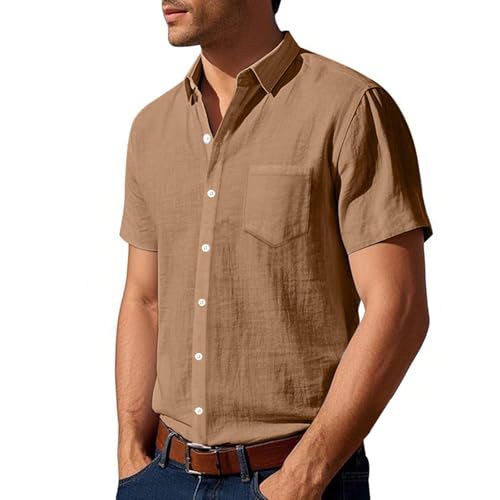 Mens Button Down Cotton Shirt Short Sleeve Casual Linen Untucked Shirts Summer Beach Vacation Tops with Pocket