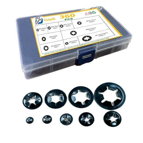 360pcs Internal Tooth Star Lock Washers, M2 M2.5 M3 M4 M5 M6 M8 M10 M12 Push Nuts Assortment, Quick Speed Starlock Washers Assortment Kit, Steel Black Oxide Finish Push on Locking Washer