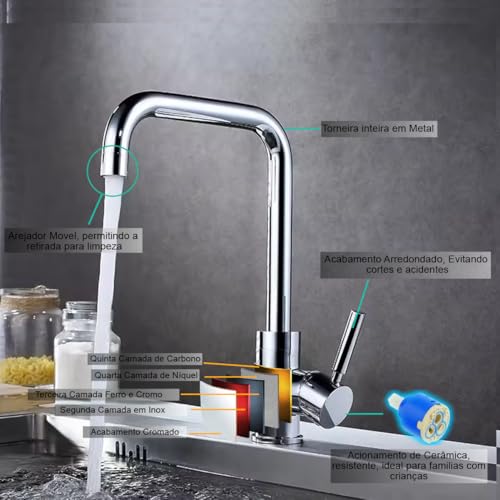 Torneira para Cozinha Monocomando Gourmet com Misturador Aço Inox 304, Via Flix